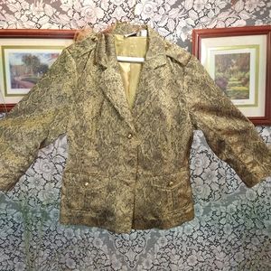 Joan Rivers gold and black animal print jacquard button up shoulder pads pockets